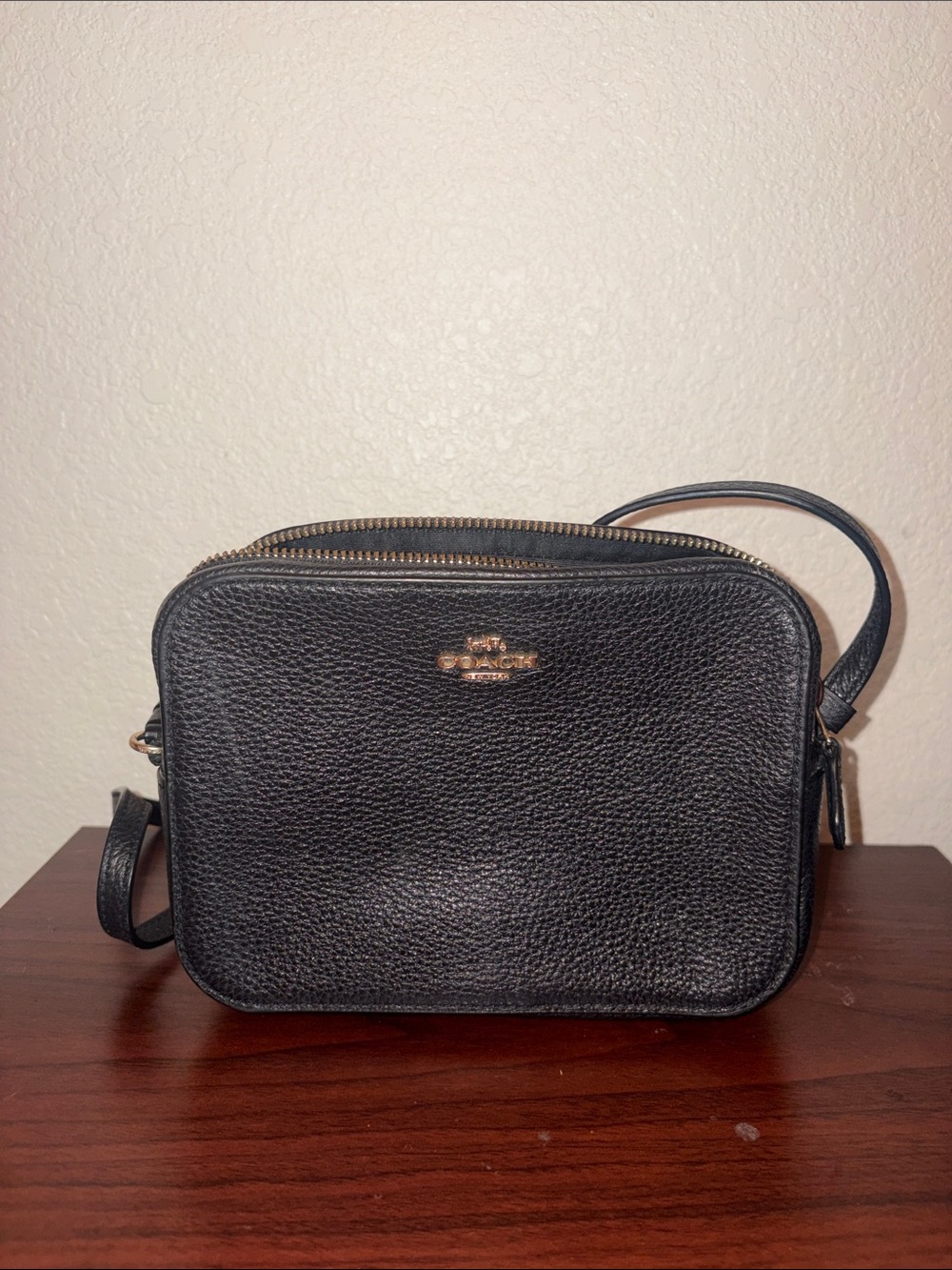 Coach Black Pebbled Leather Camera Crossbody with Gold Logo